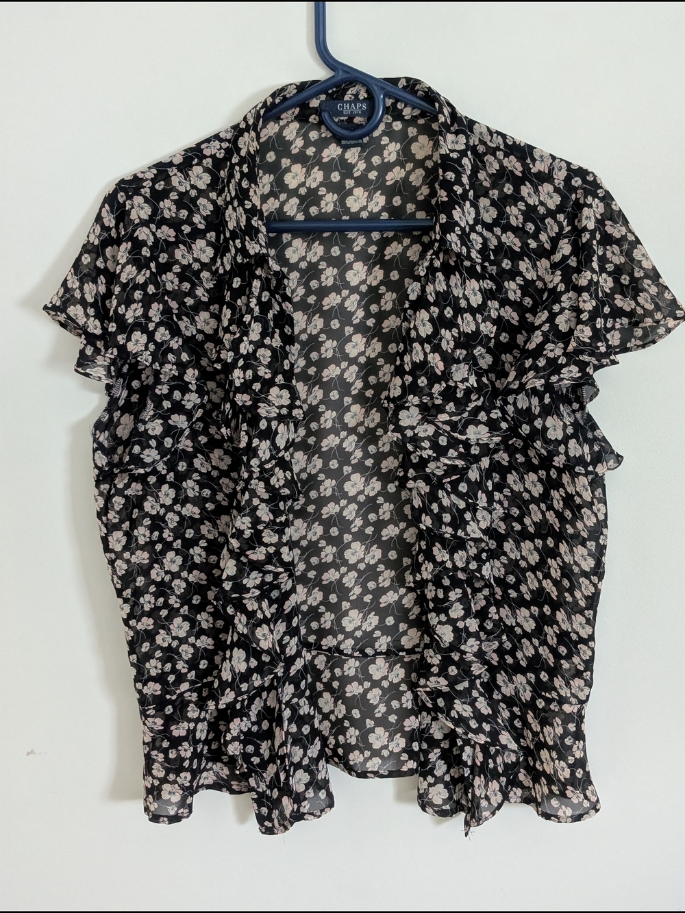 Chaps Floral Black Pink Chiffon V-Neck Short Sleeve Ruffle Kimono Blouse XL